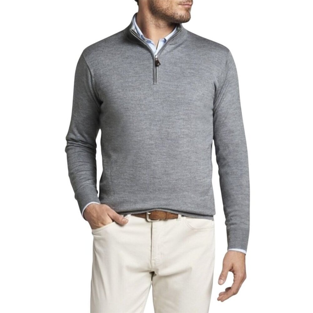 Peter Millar British Grey Crown Soft Merino- Silk 1/4 Zip Golf Sweater Size XL